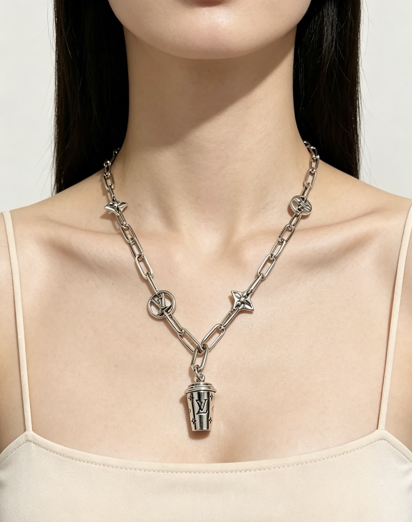 Louis Vuitton Silver Chain Necklace with Logo Charms